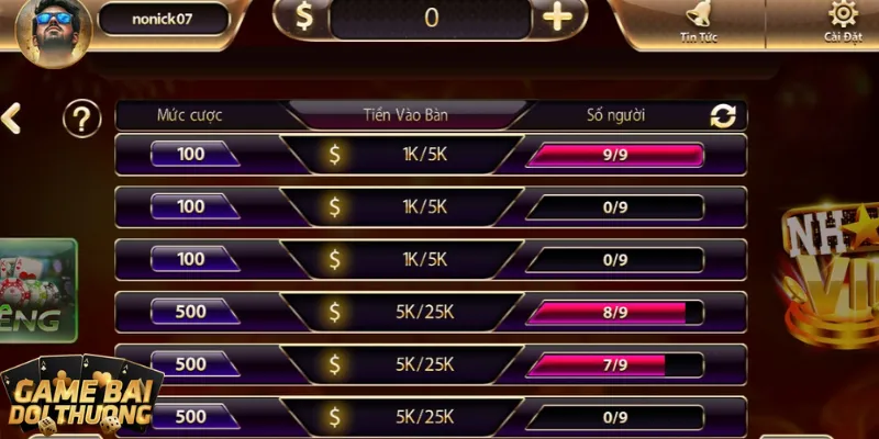 Chọn bàn cược khi chơi game bài đổi thưởng